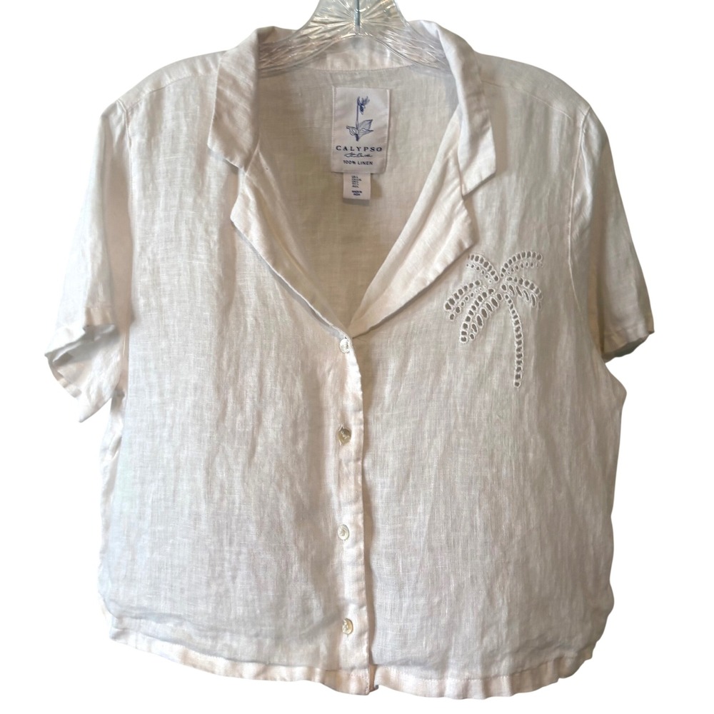 Calypso St. Barth White Short Sleeved Linen Cropped Button Down in Size L